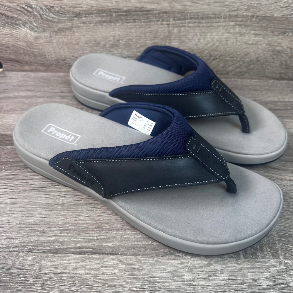 Propet Easton Sandals Mens 12 X 3E Navy Leather Flip Flops Summer Beach NEW